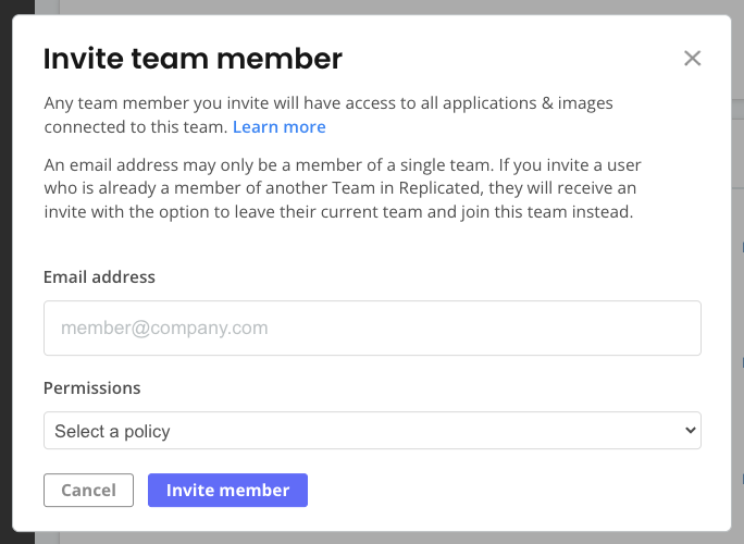 Invite team member dialog in the Vendor Portal